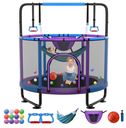 Kumix Trampoline for Kids, 66'' Toddler Trampoline with Enclosure, Swing, Basketball Hoop, 5.5FT Indoor/Outdoor Trampoline with Adjustable Gymnastics Bars, Rings, Mini Trampoline for Boy and Girls