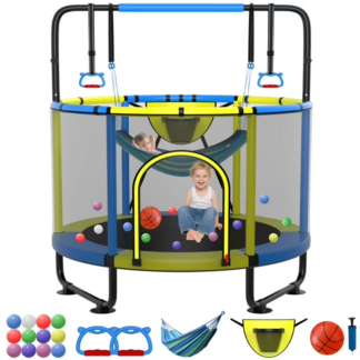 Kumix Trampoline for Kids, 66'' Toddler Trampoline with Enclosure, Swing, Basketball Hoop, 5.5FT Indoor/Outdoor Trampoline with Adjustable Gymnastics Bars, Rings, Mini Trampoline for Boy and Girls