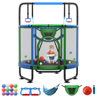 Kumix 54'' Trampoline for Kids, 330LBS Indoor/Outdoor Trampoline with Enclosure, Basketball Hoop, Mini Toddler Trampoline with Swings, Adjustable Bars and Rings, Gifts for Kids, Toddler, Boys & Girls