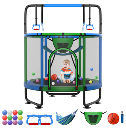 Kumix 54'' Trampoline for Kids, 330LBS Indoor/Outdoor Trampoline with Enclosure, Basketball Hoop, Mini Toddler Trampoline with Swings, Adjustable Bars and Rings, Gifts for Kids, Toddler, Boys & Girls