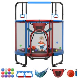 Kumix 54'' Trampoline for Kids, 330LBS Indoor/Outdoor Trampoline with Enclosure, Basketball Hoop, Mini Toddler Trampoline with Swings, Adjustable Bars and Rings, Gifts for Kids, Toddler, Boys & Girls