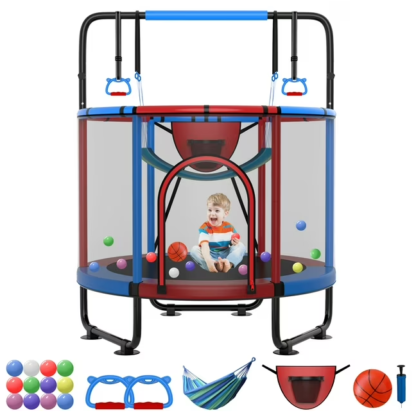 Kumix 54'' Trampoline for Kids, 330LBS Indoor/Outdoor Trampoline with Enclosure, Basketball Hoop, Mini Toddler Trampoline with Swings, Adjustable Bars and Rings, Gifts for Kids, Toddler, Boys & Girls