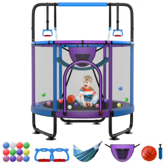 Kumix 54'' Trampoline for Kids, 330LBS Indoor/Outdoor Trampoline with Enclosure, Basketball Hoop, Mini Toddler Trampoline with Swings, Adjustable Bars and Rings, Gifts for Kids, Toddler, Boys & Girls