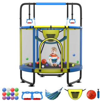 Kumix 54'' Trampoline for Kids, 330LBS Indoor/Outdoor Trampoline with Enclosure, Basketball Hoop, Mini Toddler Trampoline with Swings, Adjustable Bars and Rings, Gifts for Kids, Toddler, Boys & Girls
