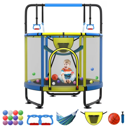 Kumix 54'' Trampoline for Kids, 330LBS Indoor/Outdoor Trampoline with Enclosure, Basketball Hoop, Mini Toddler Trampoline with Swings, Adjustable Bars and Rings, Gifts for Kids, Toddler, Boys & Girls