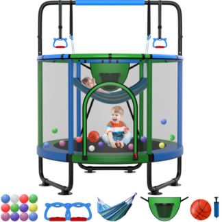 Kumix 66'' Trampoline for Kids, 500LBS Indoor/Outdoor Trampoline with Enclosure, Basketball Hoop, Mini Toddler Trampoline with Swings, Adjustable Bars and Rings, Gifts for Kids, Toddler, Boys & Girls