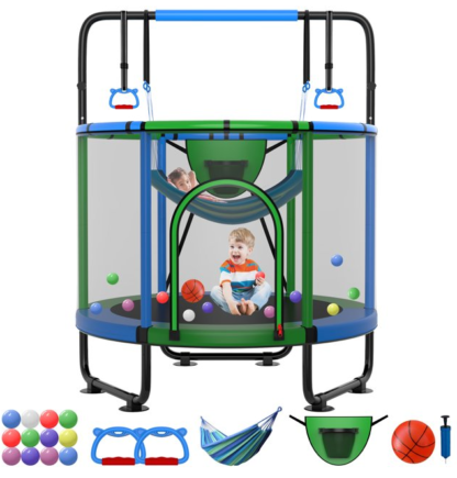 Kumix 66'' Trampoline for Kids, 500LBS Indoor/Outdoor Trampoline with Enclosure, Basketball Hoop, Mini Toddler Trampoline with Swings, Adjustable Bars and Rings, Gifts for Kids, Toddler, Boys & Girls