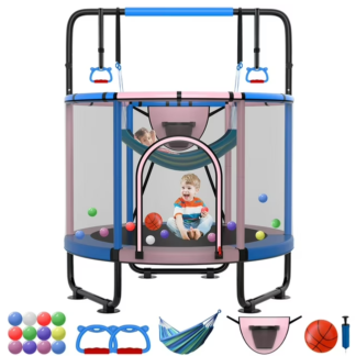Kumix 66'' Trampoline for Kids, 500LBS Indoor/Outdoor Trampoline with Enclosure, Basketball Hoop, Mini Toddler Trampoline with Swings, Adjustable Bars and Rings, Gifts for Kids, Toddler, Boys & Girls