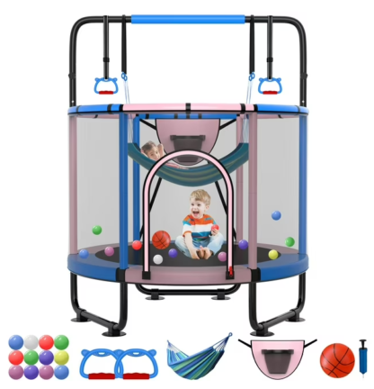 Kumix 66'' Trampoline for Kids, 500LBS Indoor/Outdoor Trampoline with Enclosure, Basketball Hoop, Mini Toddler Trampoline with Swings, Adjustable Bars and Rings, Gifts for Kids, Toddler, Boys & Girls