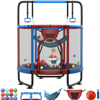 Kumix 66'' Trampoline for Kids, 500LBS Indoor/Outdoor Trampoline with Enclosure, Basketball Hoop, Mini Toddler Trampoline with Swings, Adjustable Bars and Rings, Gifts for Kids, Toddler, Boys & Girls