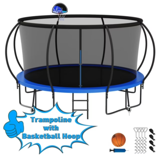 Kumix Trampoline 1200LBS for 6-7 Kids/ 2-3 Kids, 12FT Trampoline with Enclosure, Basketball Hoop, Ladder, Wind Stakes, Outdoor Heavy Duty Galvanized Full Spray Round Trampoline, No Gap Design