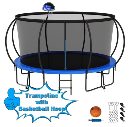 Kumix Trampoline 1200LBS for 6-7 Kids/ 2-3 Kids, 12FT Trampoline with Enclosure, Basketball Hoop, Ladder, Wind Stakes, Outdoor Heavy Duty Galvanized Full Spray Round Trampoline, No Gap Design