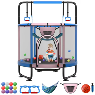 Kumix 54'' Trampoline for Kids, 330LBS Indoor/Outdoor Trampoline with Enclosure, Basketball Hoop, Mini Toddler Trampoline with Swings, Adjustable Bars and Rings, Gifts for Kids, Toddler, Boys & Girls
