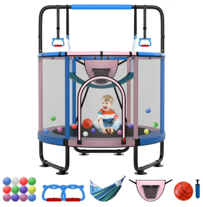 Kumix 54'' Trampoline for Kids, 330LBS Indoor/Outdoor Trampoline with Enclosure, Basketball Hoop, Mini Toddler Trampoline with Swings, Adjustable Bars and Rings, Gifts for Kids, Toddler, Boys & Girls