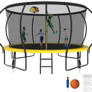 Kumix Trampoline 8 10 12 14 15 16FT, 1400LBS Upgraded Trampoline for 2-3 Adults/ 7-8 Kids, Recreational Trampoline with Basketball Hoop, Net, Wind Stakes, No Gap Galvanized Full Spray Trampoline