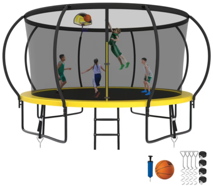 Kumix Trampoline 8 10 12 14 15 16FT, 1400LBS Upgraded Trampoline for 2-3 Adults/ 7-8 Kids, Recreational Trampoline with Basketball Hoop, Net, Wind Stakes, No Gap Galvanized Full Spray Trampoline