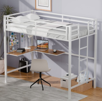 Kumix Twin Loft Bed with L-Shaped Desk, Metal Loft Bed with Safety Guard, Ladder and Metal Grid, Loft Bed for Kids Teens Adults, Space-Saving, No Noise, No Box Spring Needed, White