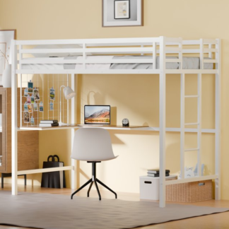 Kumix Loft Bed Twin Size, Metal Loft Bed with L-Shaped Desk, Safety Guard, Ladder and Metal Grid, Loft Bed for Kids Teens Adults, Space-Saving, No Noise, No Box Spring Needed, White