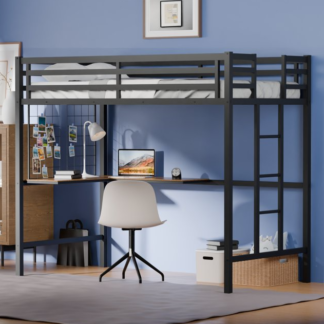 Kumix Loft Bed Twin Size, Metal Loft Bed with L-Shaped Desk, Safety Guard, Ladder and Metal Grid, Loft Bed for Kids Teens Adults, Space-Saving, No Noise, No Box Spring Needed, Black