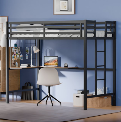 Kumix Loft Bed Twin Size, Metal Loft Bed with L-Shaped Desk, Safety Guard, Ladder and Metal Grid, Loft Bed for Kids Teens Adults, Space-Saving, No Noise, No Box Spring Needed, Black
