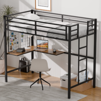 Kumix Twin Loft Bed with L-Shaped Desk, Metal Loft Bed with Safety Guard, Ladder and Metal Grid, Loft Bed for Kids Teens Adults, Space-Saving, No Noise, No Box Spring Needed, Black