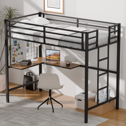 Kumix Twin Loft Bed with L-Shaped Desk, Metal Loft Bed with Safety Guard, Ladder and Metal Grid, Loft Bed for Kids Teens Adults, Space-Saving, No Noise, No Box Spring Needed, Black
