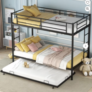 Kumix Bunk Bed Twin Over Twin, Metal Twin Bunk Bed with Trundle for 3 Kids/Teens with Two Side Ladders and Safety Guard Rail, Can Be Divided into 3 Beds, Hold 850LBS Bunk Bed Noise Free, Black