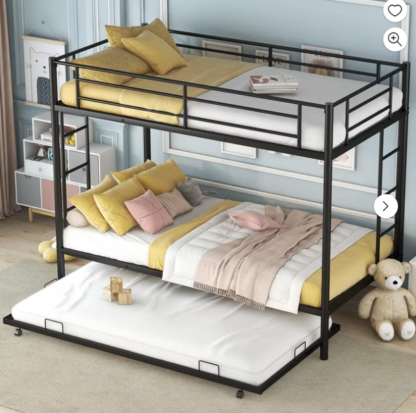Kumix Bunk Bed Twin Over Twin, Metal Twin Bunk Bed with Trundle for 3 Kids/Teens with Two Side Ladders and Safety Guard Rail, Can Be Divided into 3 Beds, Hold 850LBS Bunk Bed Noise Free, Black