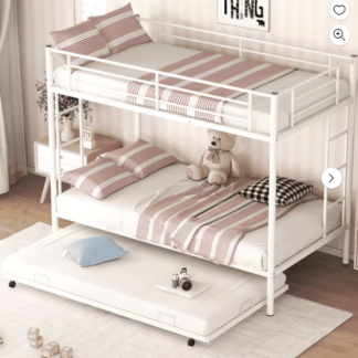 Kumix Bunk Bed Twin Over Twin, Metal Twin Bunk Bed with Trundle, Sturdy Steel Bunk Beds Frame for 3 Kids/Teens with Two Side Ladders and Safety Guard Rail, Noise Free, White
