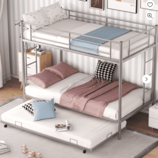 Kumix Bunk Bed Twin Over Twin, Metal Twin Bunk Bed with Trundle, Sturdy Steel Bunk Beds Frame for 3 Kids/Teens with Two Side Ladders and Safety Guard Rail, Noise Free, Silver