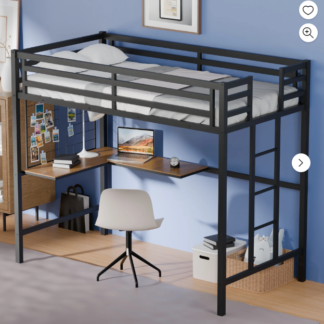 Kumix Twin Loft Bed with Desk and Metal Grid, Metal Loft Bed Twin Size with Full-Length Guardrail, Ladder for Adults, Kids, Teens, No Noise, Black