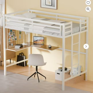 Kumix Twin Loft Bed with Desk and Metal Grid, Metal Loft Bed Twin Size with Full-Length Guardrail, Ladder for Adults, Kids, Teens, No Noise, White