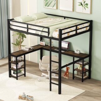 Kumix Loft Bed with Desk and Shelves, Loft Bed Full Size with Ladder and Full-Length Guardrails for Kids Teens Adults, Metal Loft Bed Frame for Bedroom, Space-Saving, Noise Free, Black