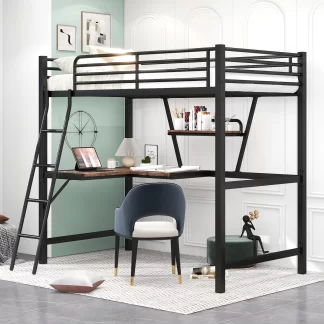 Kumix Loft Bed with Desk and Shelf, Metal Loft Bed Twin Size with Full-Length Guardrails and Ladder for Kids Teens Adults, Heavy Duty Loft Bed for Bedroom, Space Saving, Noise Free, Black