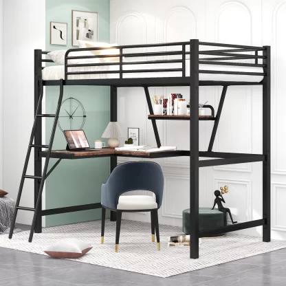 Kumix Loft Bed with Desk and Shelf, Metal Loft Bed Twin Size with Full-Length Guardrails and Ladder for Kids Teens Adults, Heavy Duty Loft Bed for Bedroom, Space Saving, Noise Free, Black