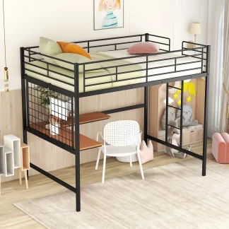Kumix Loft Bed Full Size, Metal Loft Bed with Desk and Metal Grid for Kids Teens Adults, Space-Saving Loft Bed with Build-in Ladder and Safety Guardrail, No Box Spring Needed, Black