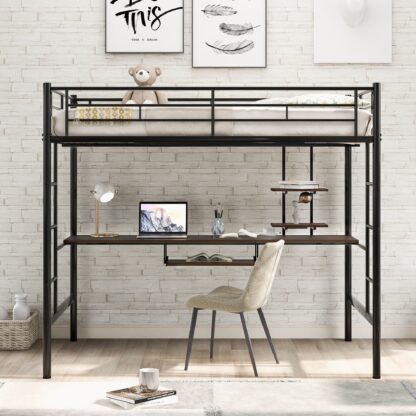Kumix Loft Bed with Desk and Shelves, Full Size Metal Loft Bed with Full-Length Guardrail and Two Sides Ladder for Kids Teens, Space-Saving Loft Bed Frame for Bedroom, Dom, Noise Free, Black