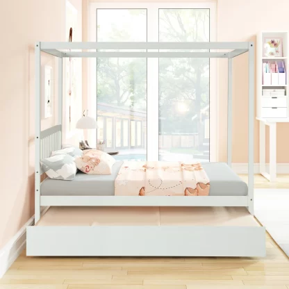Kumix Full Size Platform Bed with Canopy, Full Bed with Trundle for Kids, Space-Saving Wood Bed Frame for Bedroom, Dormitory, No Box Spring Needed, Easy Assembly, Noise Free, White