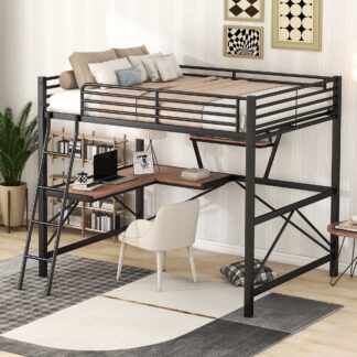Kumix Loft Bed with Desk and Shelf, Metal Loft Bed Full Size with Full-Length Guardrails and Ladder for Kids Teens Adults, Heavy Duty Loft Bed for Bedroom, Space Saving, Noise Free, Black