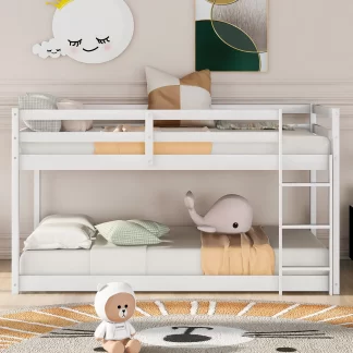 Kumix Twin over Twin Bunk Bed, Low Bunk Bed for Kids, Wood Bunk Bed Frame with Full-Length Guardrail and Build-in Ladder, Bunk Bed Twin Size for Bedroom, Noise Free, Easy Assembly, White