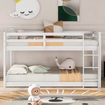 Kumix Twin over Twin Bunk Bed, Low Bunk Bed for Kids, Wood Bunk Bed Frame with Full-Length Guardrail and Build-in Ladder, Bunk Bed Twin Size for Bedroom, Noise Free, Easy Assembly, White