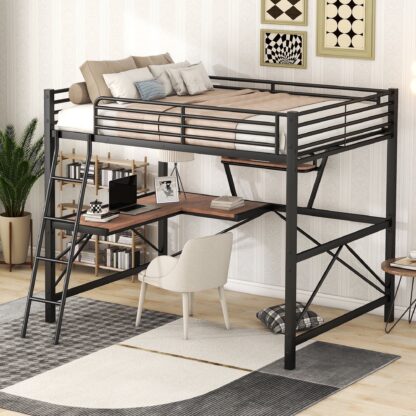 Kumix Loft Bed with Desk and Shelf, Metal Loft Bed Full Size with Full-Length Guardrails and Ladder for Kids Teens Adults, Heavy Duty Loft Bed for Bedroom, Space Saving, Noise Free, Black