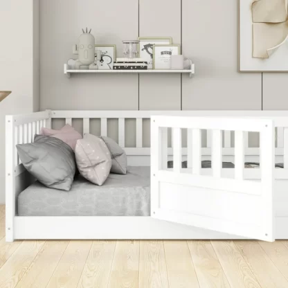 Kumix Twin Floor Bed, Wood Floor Bed with Fence and Door for Kids, Boys/Girls, Toddler Floor Bed with Safety Guardrails, Montessori Floor Bed Frame for Bedroom, Easy Assembly, White