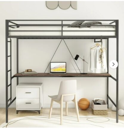 Kumix Loft Bed Twin Size, Metal Loft Bed with Desk, Full-Length Guardrail, Twin Loft Bed with Clothes Rack and Ladder for Kids, Teens, Adults, Space-Saving, Noise Free, No Box Spring Needed, Black