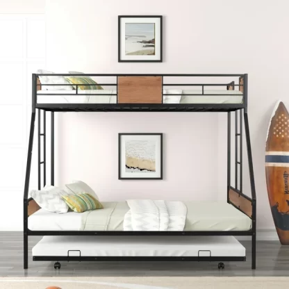 Kumix Bunk Bed Twin over Full, Metal Bunk Bed with Trundle, Heavy Duty Bunk Beds Frame for 3 Kids, Teens with Two Side Ladders and Safety Guard Rail, Space-Saving, Noise Free, Black