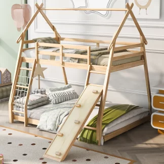Kumix Twin Over Queen Bunk Bed, House Bed with Climbing Nets and Climbing Ramp for Kids, Wood Bunk Bed with Roof, Low Bunk Bed Frame with Safety Guardrails and Ladder, Noise-Free, Natural