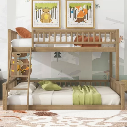 Kumix Twin XL Over Queen Bunk Bed, Low Bunk Bed for Kids with Inclined Ladder and Safety Guardrail, Wood Bunk Bed Can Convertible into 2 Separate Beds for Bedroom, Noise Free, No Box Spring, Walnut