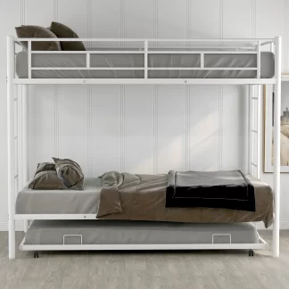 Kumix Bunk Bed Twin over Twin, Metal Bunk Bed with Trundle, Bunk Beds Twin Size for Kids, Teens, Adults with Two Side Ladders and Full-Length Gruardrail, No Box Spring Needed, White