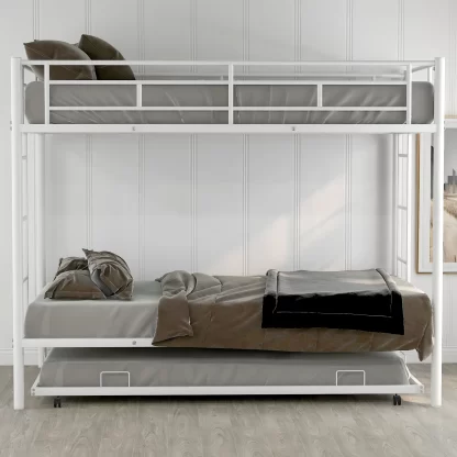 Kumix Bunk Bed Twin over Twin, Metal Bunk Bed with Trundle, Bunk Beds Twin Size for Kids, Teens, Adults with Two Side Ladders and Full-Length Gruardrail, No Box Spring Needed, White