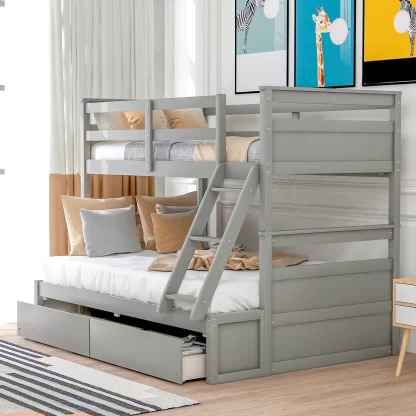 Kumix Twin over Full Bunk Bed, Wooden Bunk Bed with 2 Storage Drawers, Guardrails and Inclined Ladder for Kids Teens Adults, Space-Saving Bunk Bed Can be Convertible into 2 Beds, Noise Free, Gray